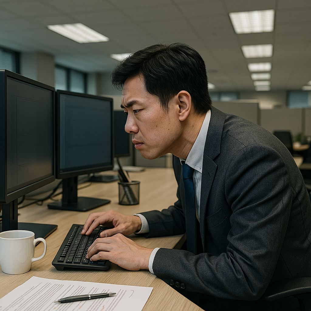 다중 모니터를 사용하는 30대 사무직 남성의 거북목 자세, 장시간 컴퓨터 작업으로 인한 목 건강 위험 상태를 보여줌