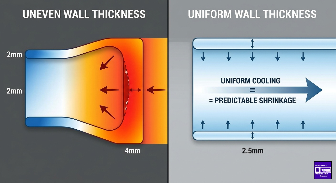 두꺼운 벽과 얇은 벽이 공존하는 사출품 단면을 시각화합니다. 얇은 곳은 빠르게 식어 굳지만, 두꺼운 곳은 여전히 뜨거운 열기를 머금고 있는 모습을 보여줍니다. 이 속도 차이가 어떻게 '수축 불균형'을 유발하는지 명확히 보여줍니다.
