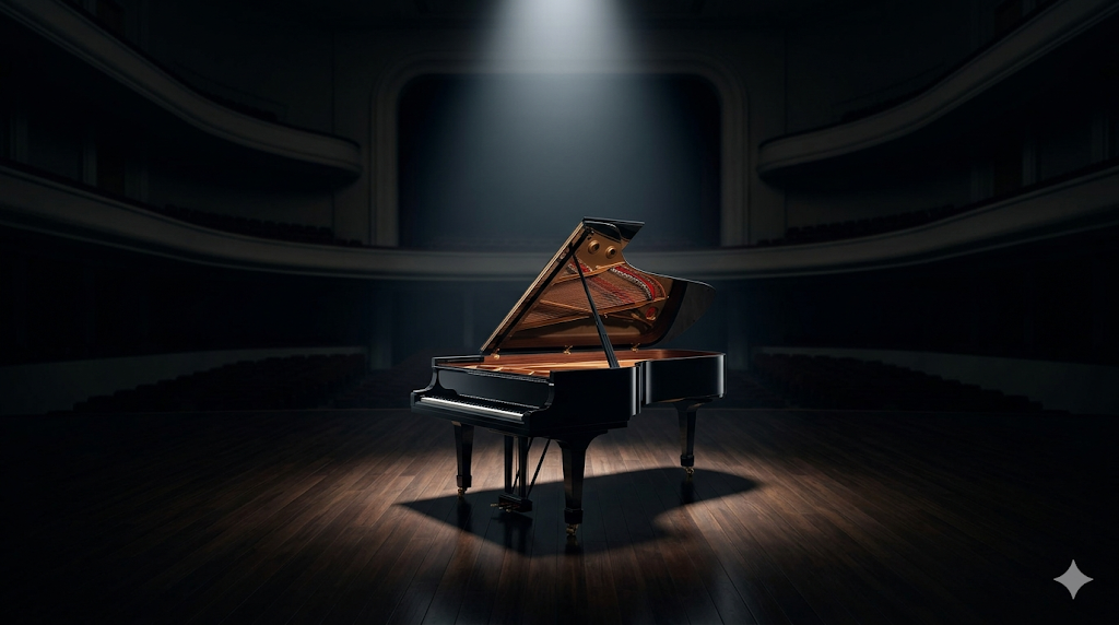 콘서트홀 무대 위 스포트라이트를 받는 검은 그랜드 피아노