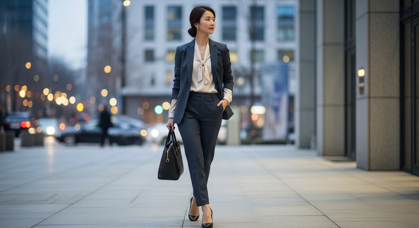 블루 그레이 셋업 수트와 실크 블라우스를 입고 도시를 걷는 20대 후반 여성의 세련된 미니멀 연말룩.