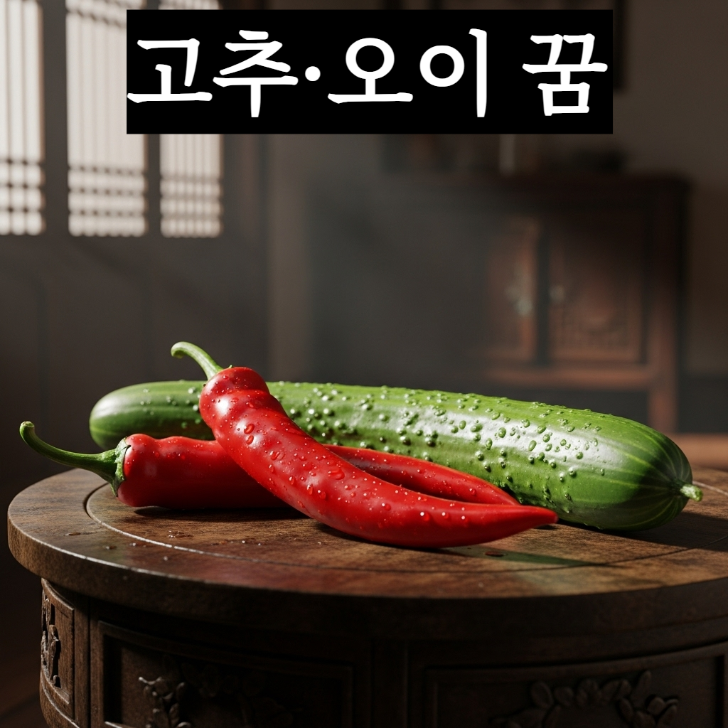 따스한 햇살이 비치는 전통 목재 테이블 위에 놓인 윤기 흐르는 빨간 고추와 단단하고 긴 초록색 오이의 고화질 정물 사진