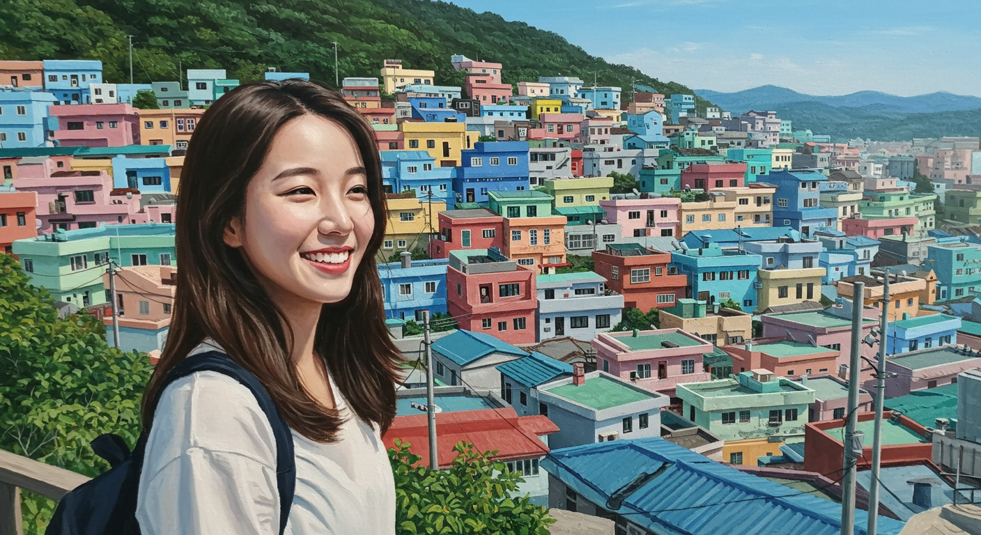 부산 감천문화마을의 알록달록한 집들이 내려다보이는 언덕 위에서 풍경을 바라보며 환하게 미소 짓다