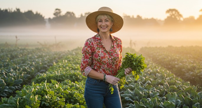 아침 농사일을 하는 멋진 중년 여성의 모습