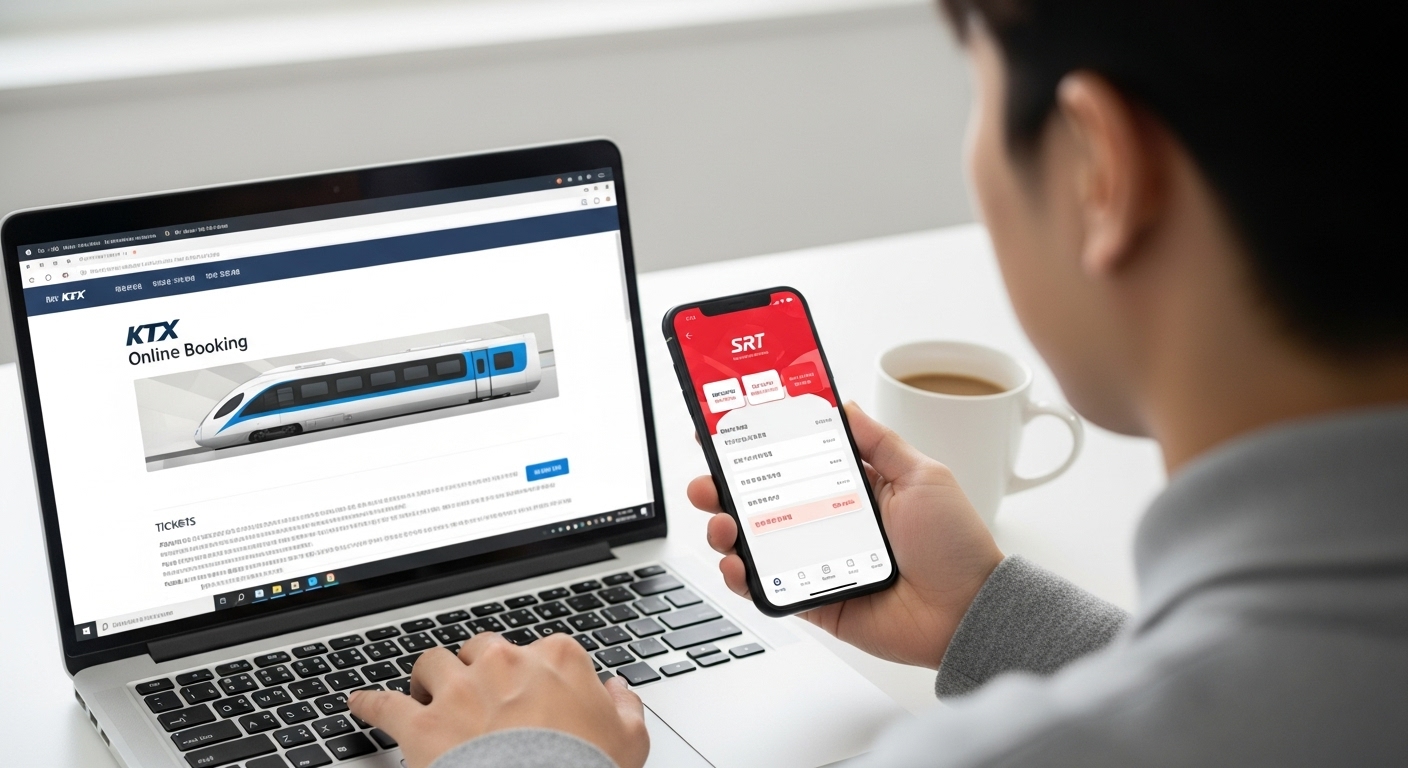 노트북과 스마트폰을 동시에 사용하여 KTX와 SRT 기차표 예매를 시도하는 사람의 모습