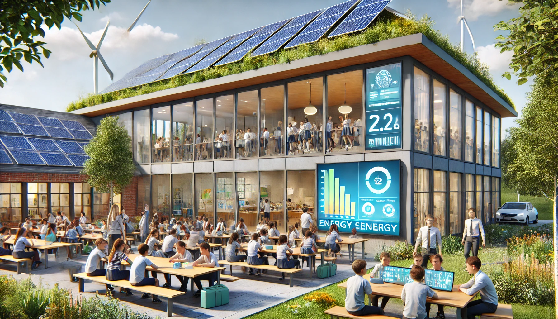 독일 에너지 절약 학교 - 학교 지붕에는 태양광 패널이 설치되어 있고, 학생들이 에너지 절약 프로젝트를 진행