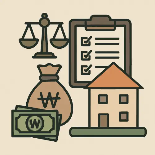 부동산 건물, 체크리스트, 저울, 원화 지폐와 돈자루가 배치된 부동산 투자를 상징하는 그림