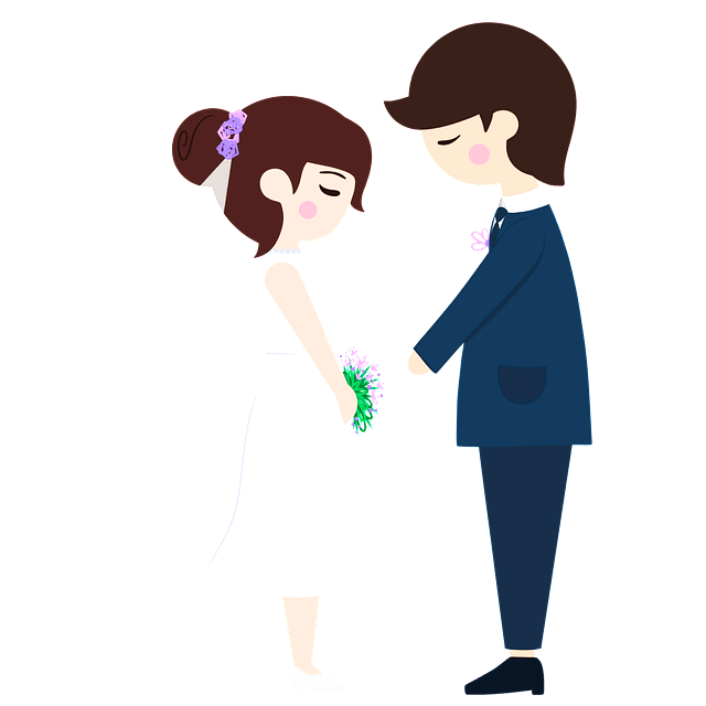 하얀색 웨딩드레스를 입은 신부와 청색 정장을 입은 신랑이 마주 서서 두 눈을 감은 그림이다.