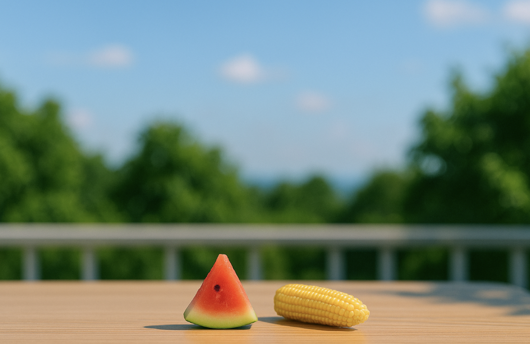 야외 테이블 위에 놓인 수박과 옥수수 사진
