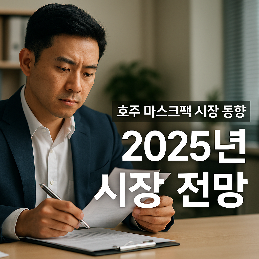 전문 컨설턴트가 사무실 책상 위에서 2025년 호주 마스크팩 시장 동향 보고서를 검토하는 모습으로, K-뷰티 성장 전략과 시장 전망을 분석하는 장면.