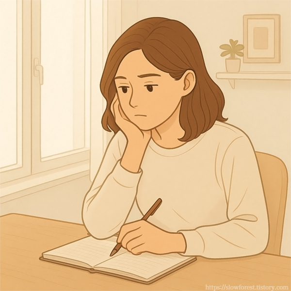 생각하며 노트에 뭔가를 적고있는 여성 일러스트