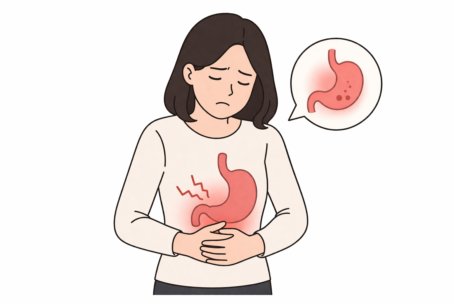 소화불량으로 배를 잡고 있는 여성