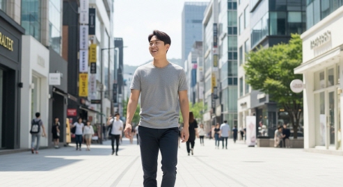 서울 도심에서 환하게 웃는 청년 남성