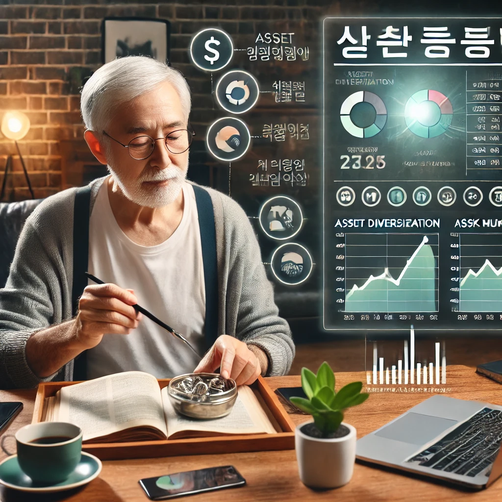 홈 오피스에서 다양한 투자 포트폴리오를 분석하는 은퇴자&amp;#44; 자산 분산과 리스크 관리를 강조하는 한국어 차트 포함