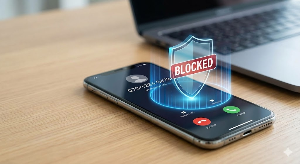 070 스팸 전화가 자동으로 수신 차단되는 스마트폰 화면과 보안 방패 아이콘