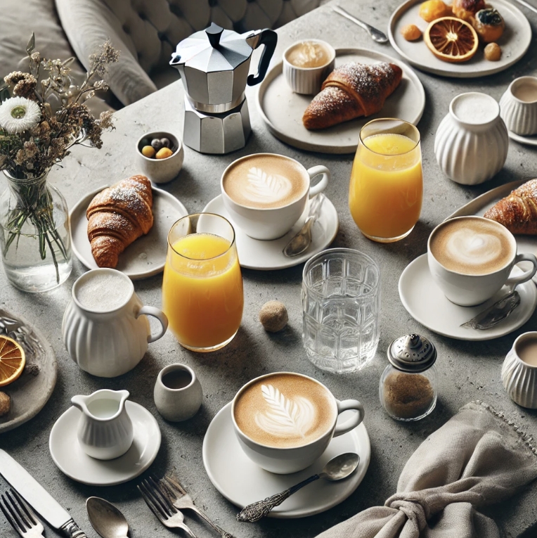 커피와 주스가 있는 아침식탁 사진