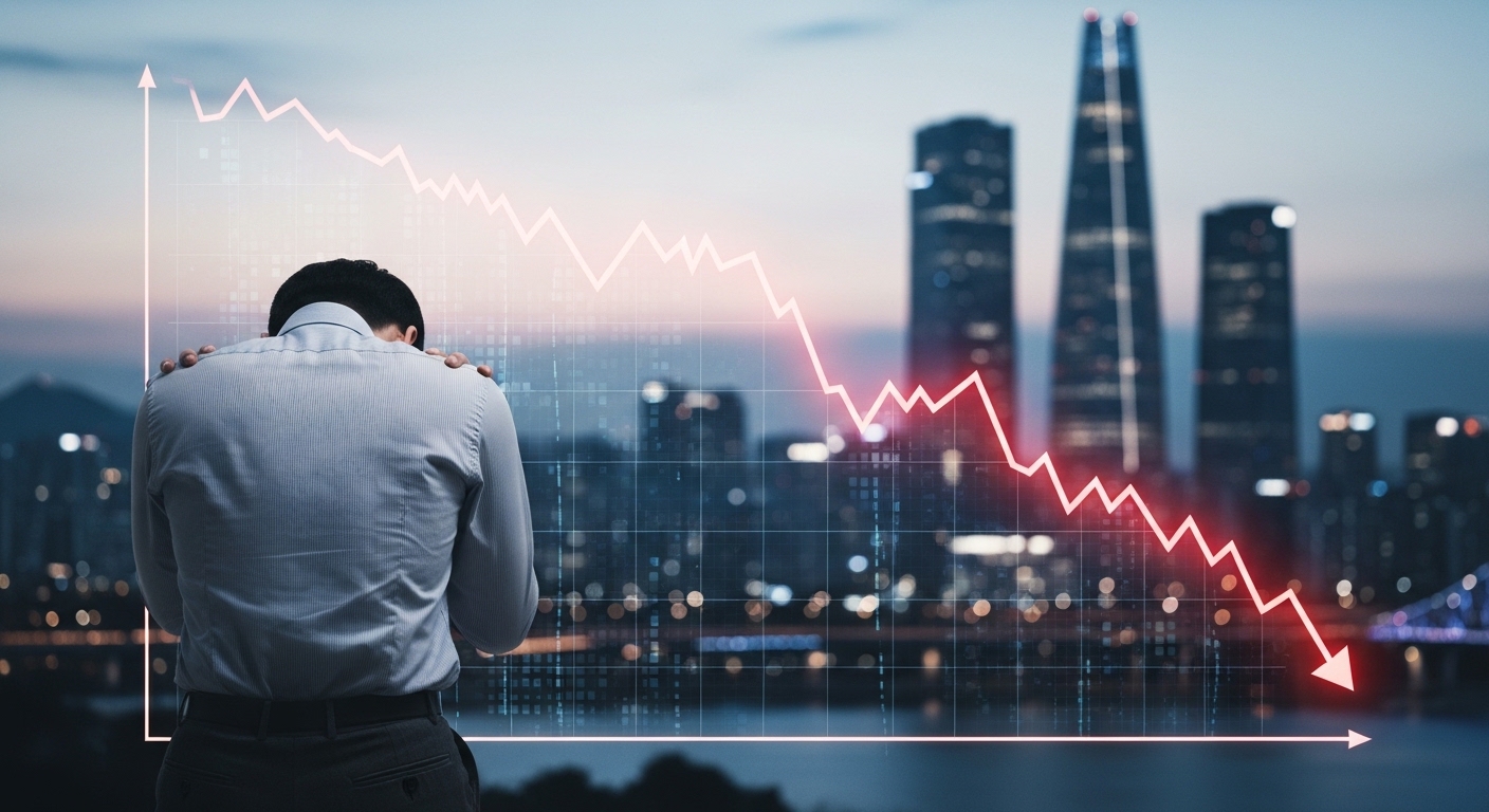 Back view of an office worker worrying in front of a descending red line graph, with a blurred Seoul cityscape in the background.