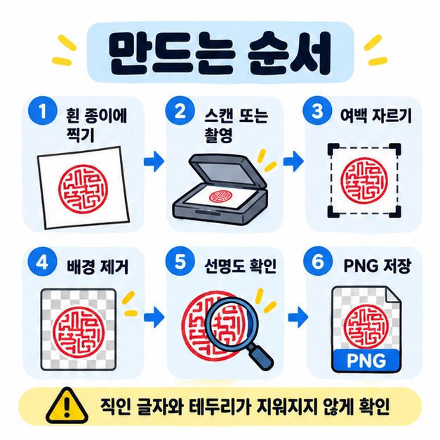흰 종이에 직인 찍기, 스캔 또는 촬영, 여백 자르기, 배경 제거, 선명도 확인, PNG 저장 순서를 정리한 카드