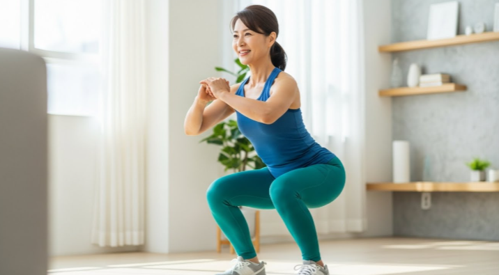 50대 중년 여성이 활기차고 정확한 자세로 스쿼트를 하는 모습