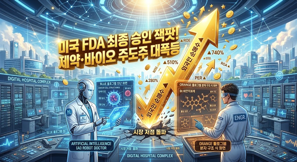 미래형 디지털 병원 내부에서 인공지능 로봇 의사와 인간 엔지니어가 함께 홀로그램으로 띄워진 인체 암세포 진단 화면과 비만치료제 분자 구조 식을 모니터링하고 있고, 그 위로 "미국 FDA 최종 승인 잭팟! 제약&middot;바이오 주도주 대폭등"이라는 문구와 함께 신고가를 시원하게 돌파하는 강력한 외국인 순매수 양봉 화살표가 역동적으로 솟구치는 3D 그래픽 이미지.
