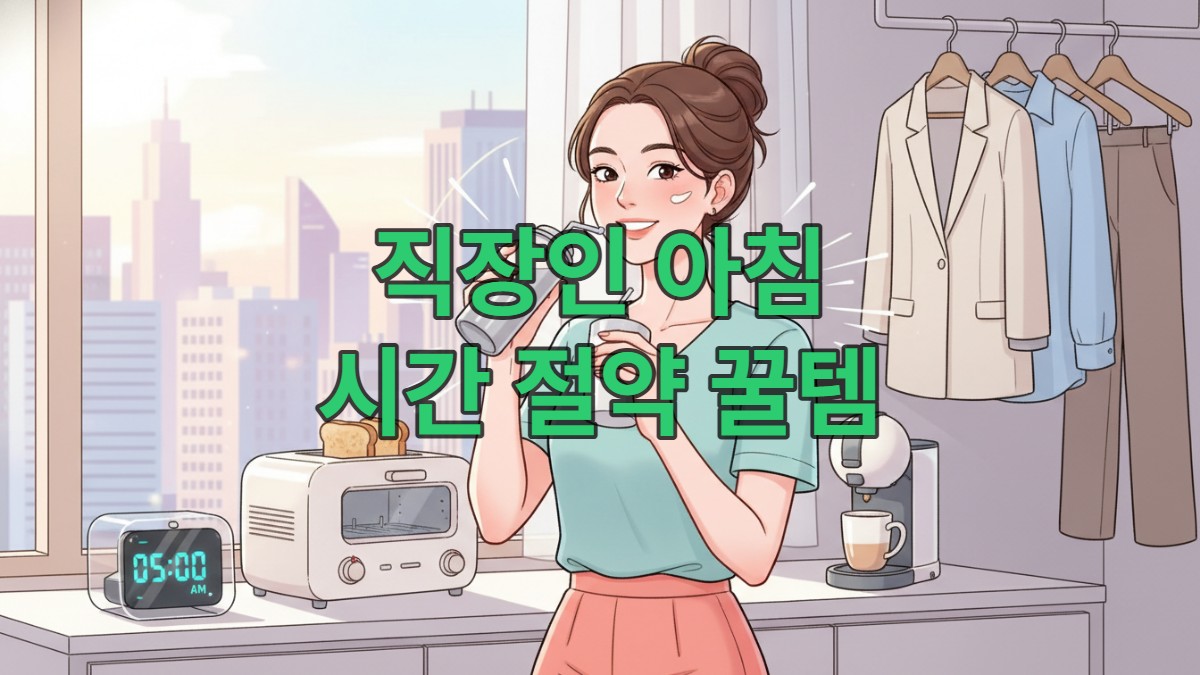 스마트 알람과 간편식, 올인원 화장품으로 여유로운 아침을 보내는 20대 한국 직장 여성의 모습