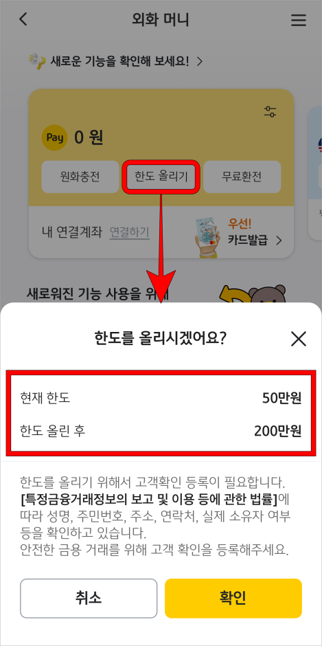 KB Pay 외화머니의 한도 올리기를 선택하여 한도 증액을 진행