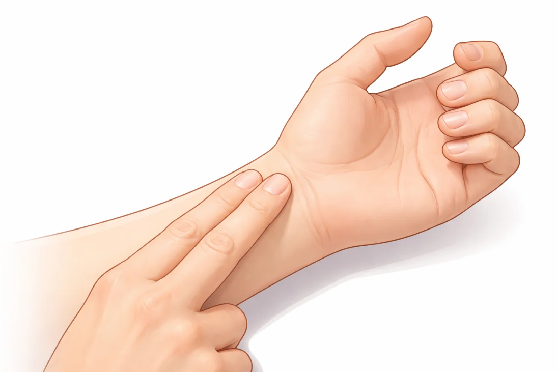 손목 안쪽에서 두 손가락으로 맥박을 확인하는 자가 측정 방법을 보여주는 손목 클로즈업 일러스트