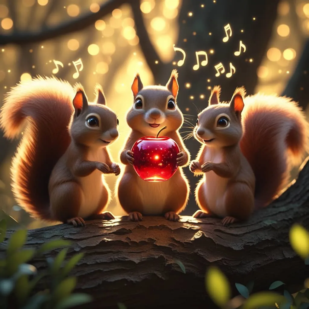 세 마리 다람쥐가 나무 위에서 반짝이는 유리 사과를 감탄하며 바라보는 장면. AI 도구 VEO3로 생성된 유리과일 먹방 콘텐츠의 환상적인 비주얼을 표현한 예시 이미지. (glass fruit AI mukbang&amp;#44; squirrels on tree&amp;#44; VEO3 generated image) 
