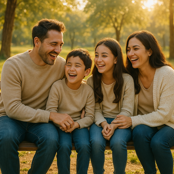 가족이 함께 웃으며 벤치에 앉아 있는 따뜻한 분위기의 장면, 햇살이 비추는 공원 배경