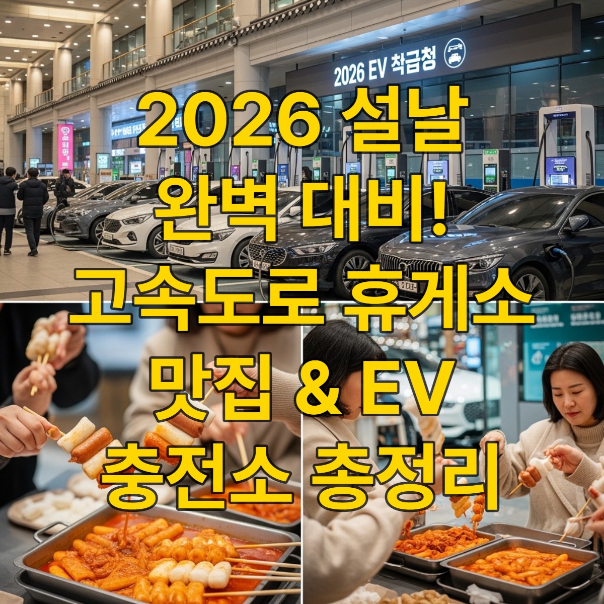 2026년 설날 고속도로 휴게소의 활기찬 풍경, 맛있는 음식과 전기차 충전소가 조화롭게 어우러진 모습