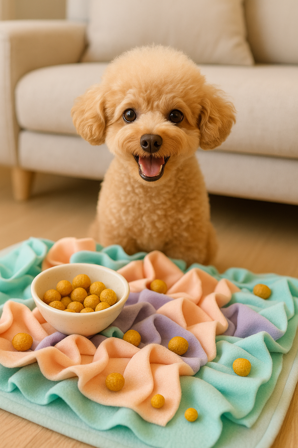 완성된 고구마볼과 노즈워크 담요, 그리고 기대감에 찬 강아지가 함께 있는 이미지