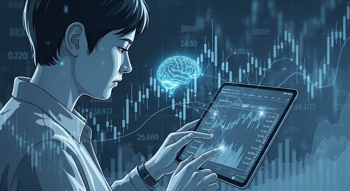 AI의 도움을 받아 주식 시장을 학습하고 분석하는 투자자의 모습