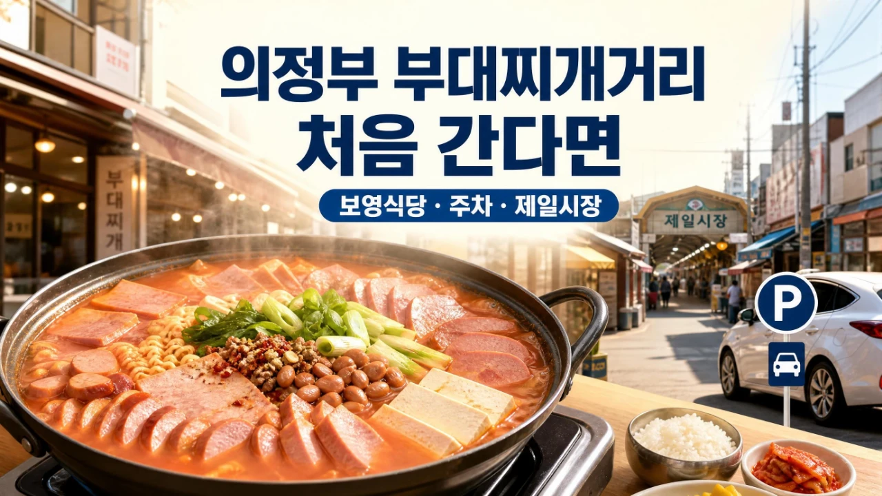 의정부 부대찌개거리 보영식당 주차와 제일시장 방문 동선을 안내하는 이미지