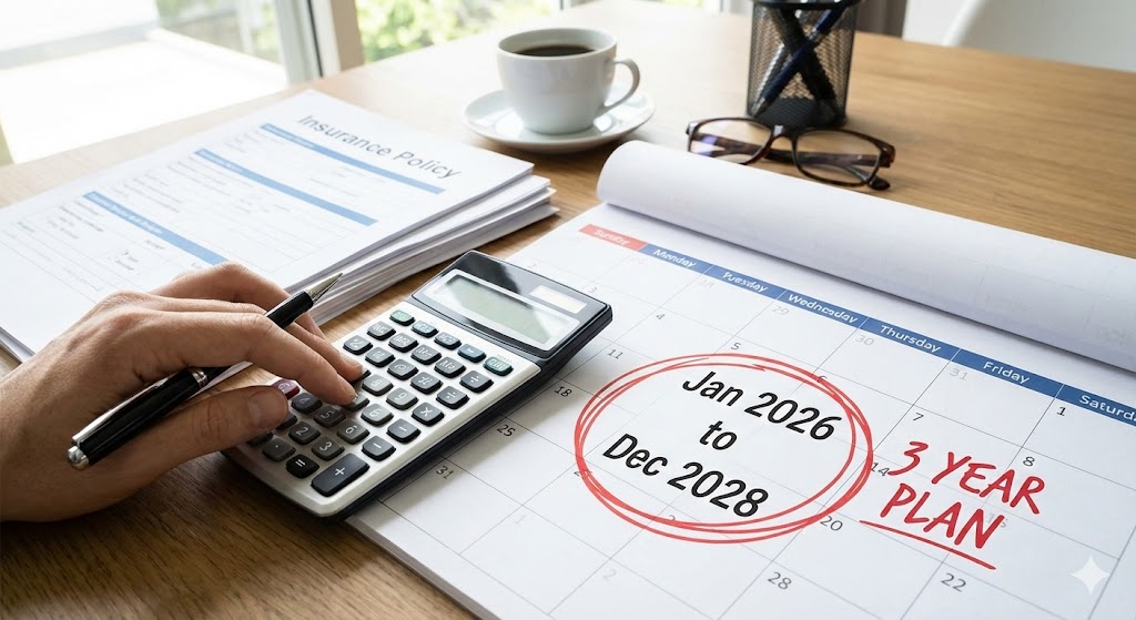 계산기를 두드리는 손이나 달력에 '3년'이 표시된 이미지