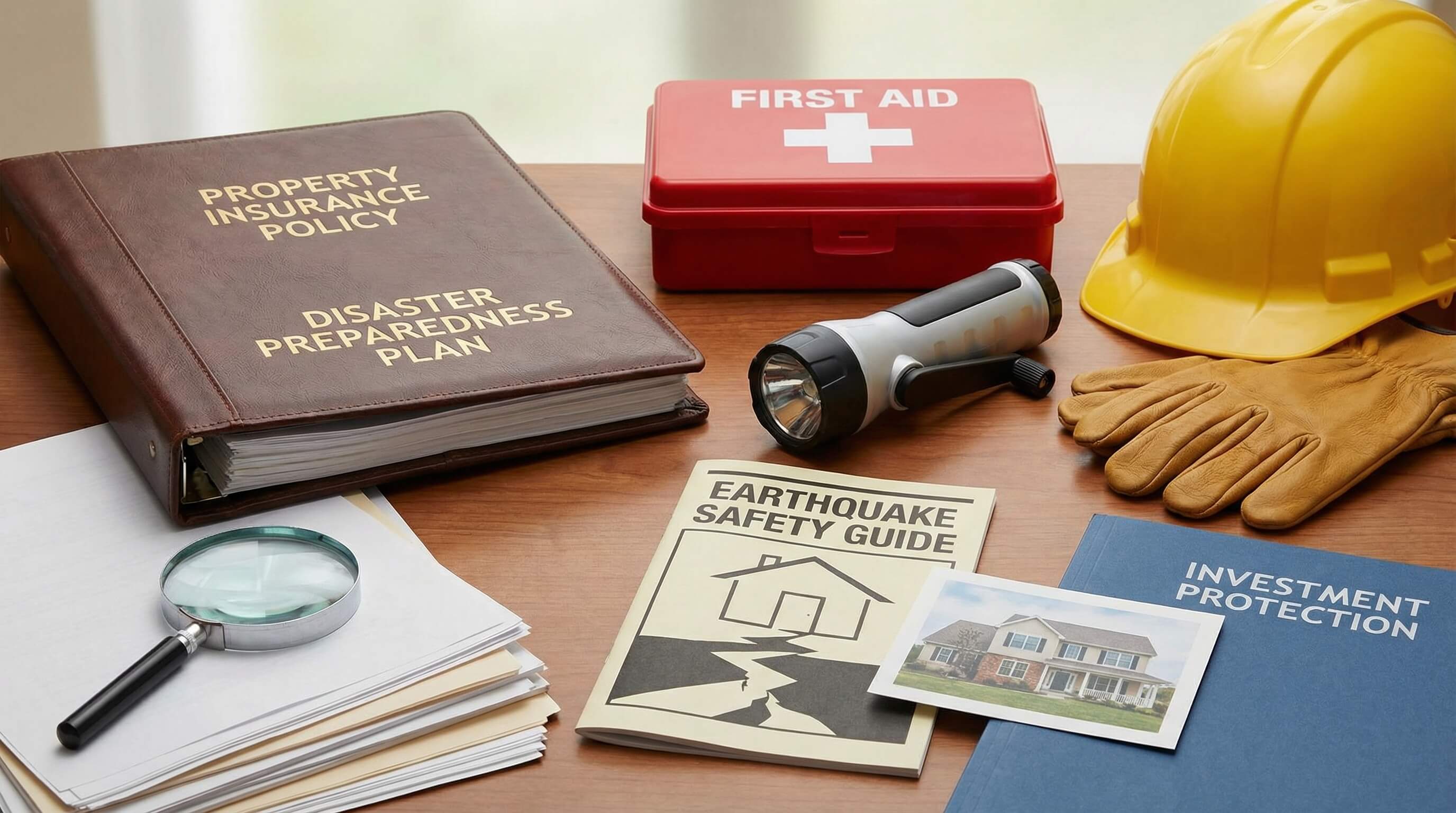 不動産投資のリスク管理、保険証書と防災グッズ、セキュリティ対策