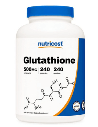 하얀통에 파란뚜껑을 가진 Nutricost 뉴트리코스트 글루타치온 L Glutathione 500mg 240캡슐 사진이다