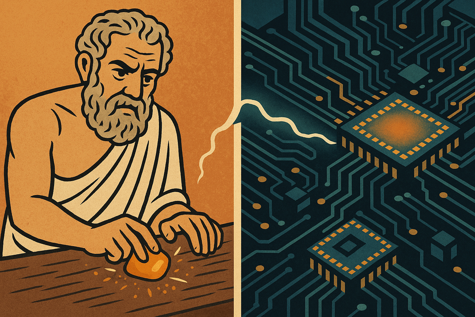 고대 그리스인이 호박을 문지르는 장면과 Electronic 관련 참조 이미지