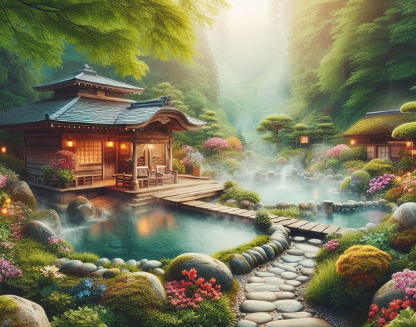 봄 날의 온천 관광지