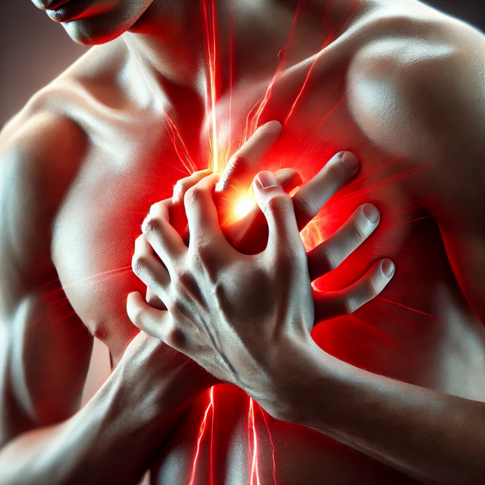 고혈압으로 가슴 통증을 느끼는 사람의 클로즈업 이미지&amp;#44; 통증 부위를 붉은색 효과로 강조.