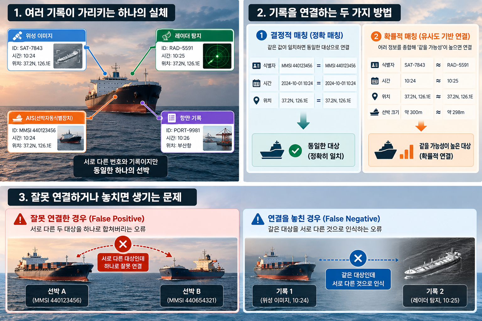 하나의 차량을 서로 다른 두 정보시스템이 각기 다른 식별번호로 관리하는 모습을 비교한 설명 이미지