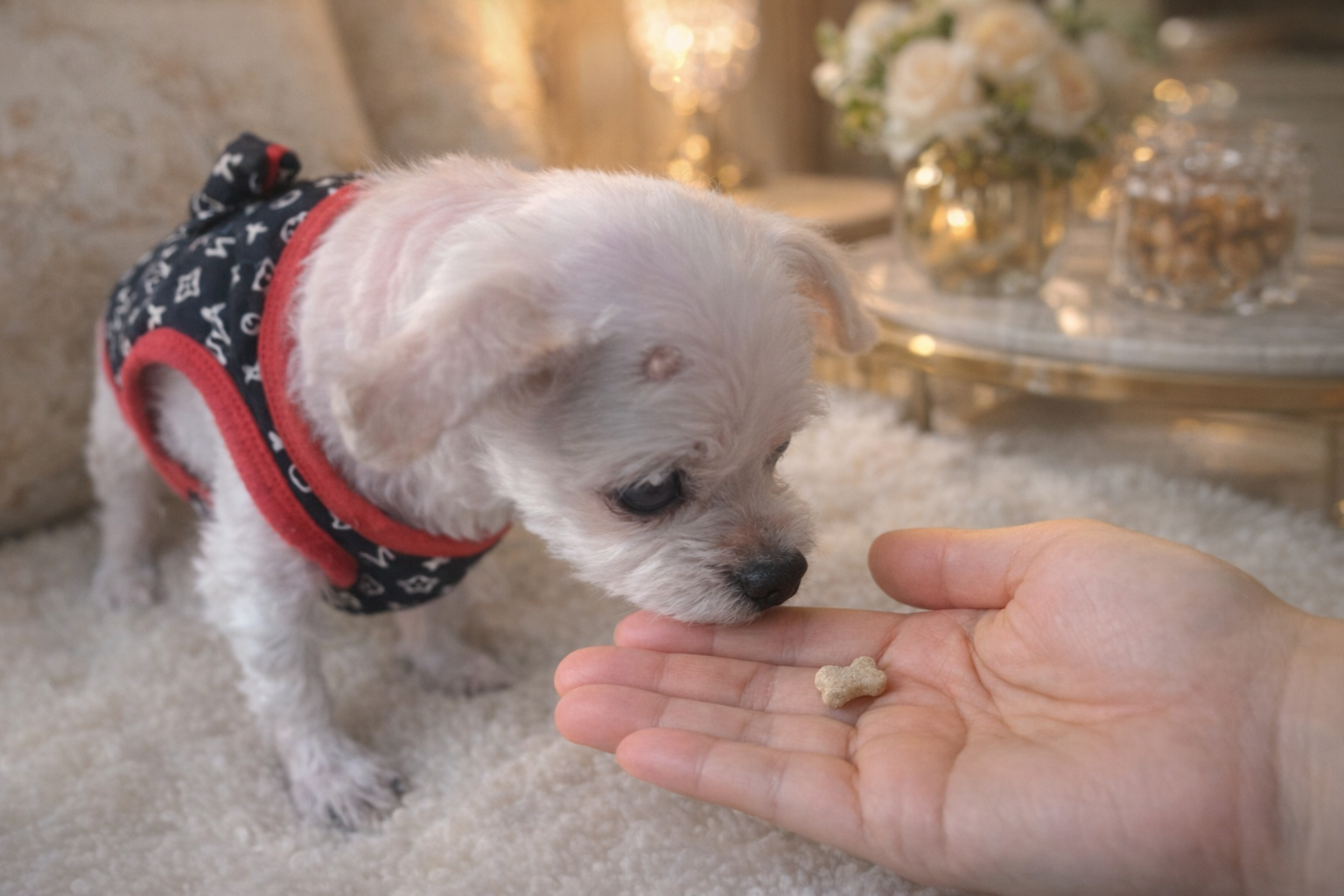 관절 영양제를 먹고 있는 노령견 강아지 모습