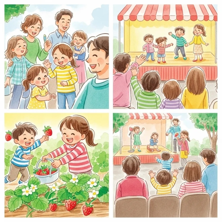 축제에서 딸기 따기 체험하는 가족들