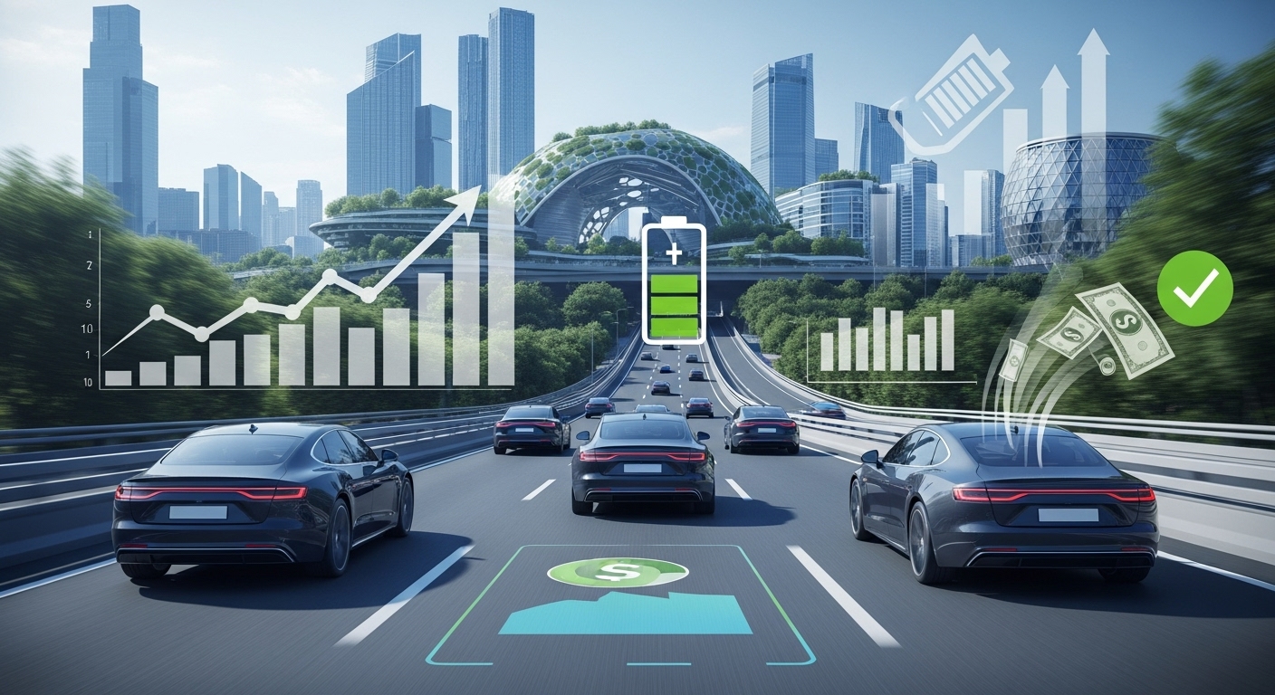 2026년 전기차 보조금 개편 정책을 상징하는 이미지. 푸른색과 회색 톤의 미래 도시 배경에 전기차들이 주행하고 있으며, 정책 문서와 그래프가 시각적으로 통합되어 있는 모습.