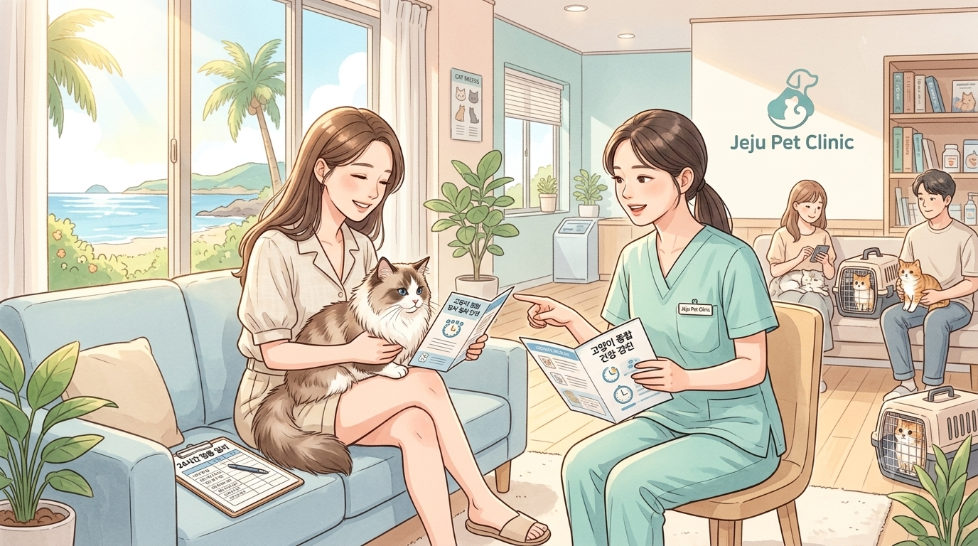 동물병원 로비에서 수의테크니션에게 검사 절차 안내를 받는 집사