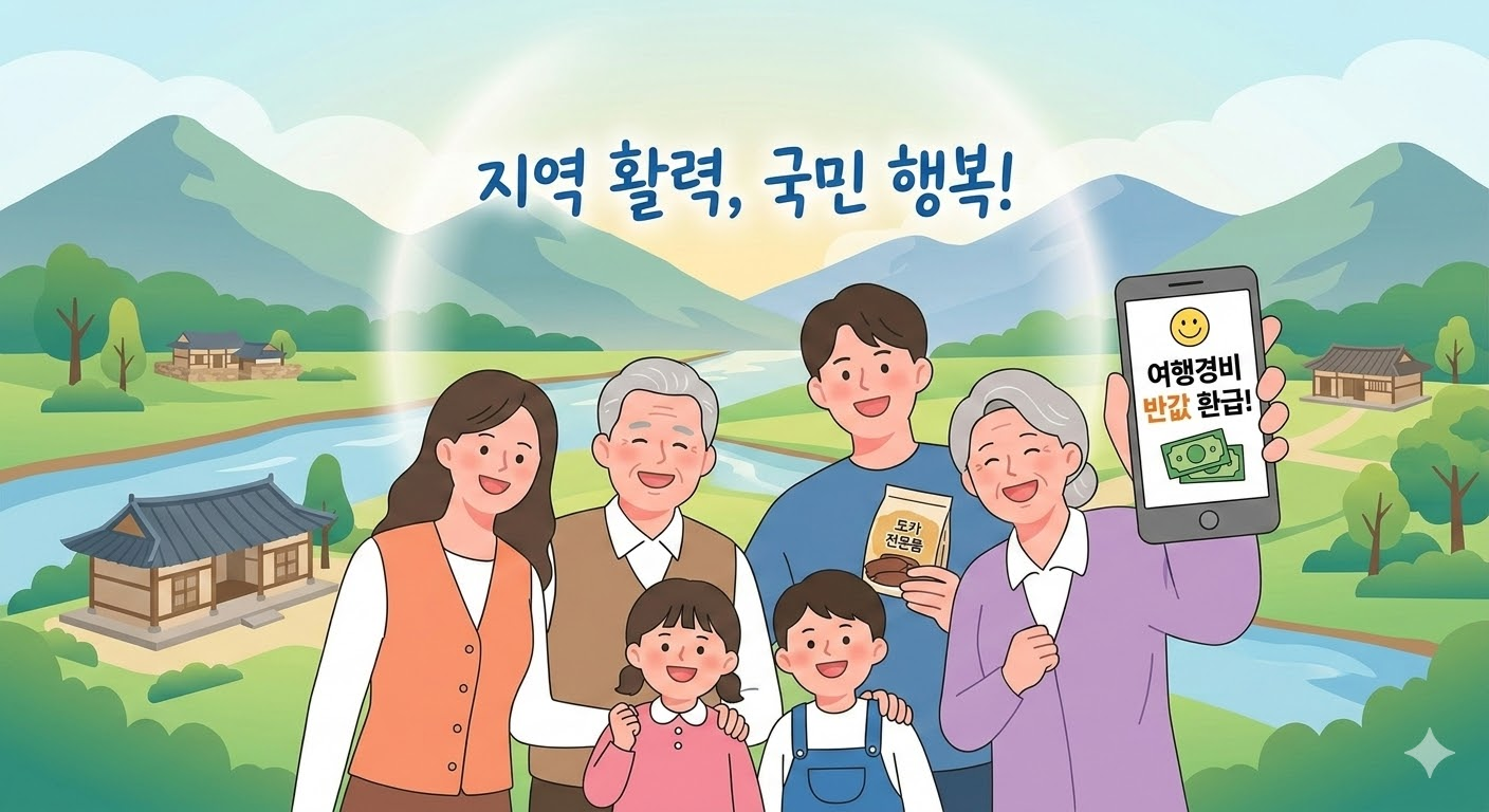 대한민국 아름다운 소도시에서 가족이 함께 여행하며 긍정적인 에너지와 정부의 반값 환급 혜택을 누리는 행복한 감성 일러스트.