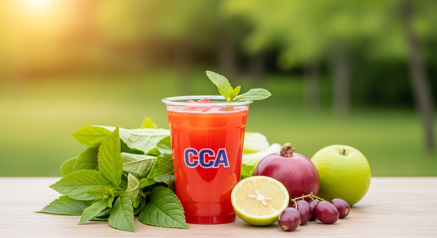 투명컵에 담긴 CCA 주스&amp;#44; 신선한 재료를 옆에 배치