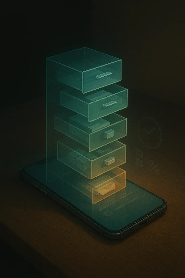 스마트폰 위 홀로그램 서랍들로 시각화된 돈의 정리와 흐름