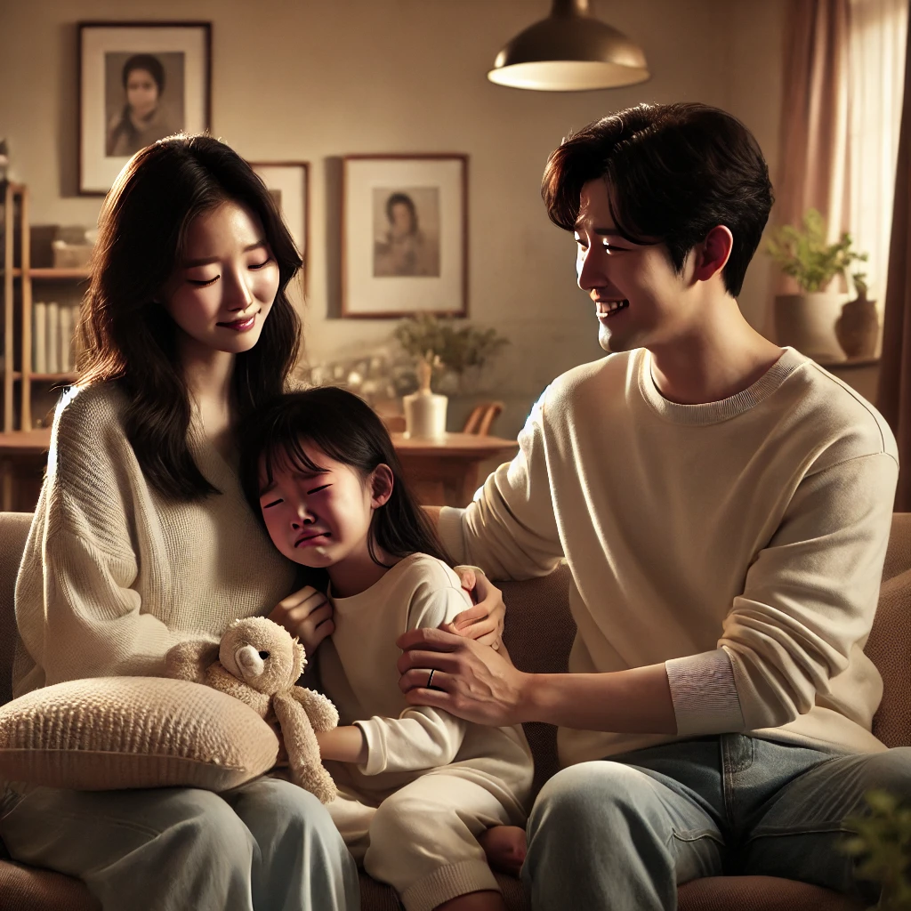 거실 소파에서 울고 있는 딸을 따뜻하게 안아주는 어머니와 장난감을 건네며 격려하는 아버지, 부드러운 조명과 가족 사진이 어우러진 아늑한 공간, 무조건적인 사랑과 지지가 느껴지는 장면.