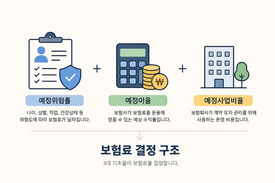 예정위험률, 예정이율, 예정사업비율에 의한 보험료 결정 구조 설명 인포그래픽
