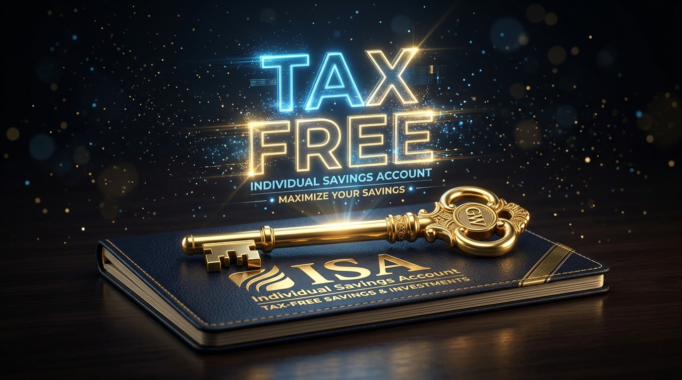 금색 열쇠와 ISA 통장이 놓여 있고, 그 위로 'TAX FREE' 문구가 빛나는 이미지