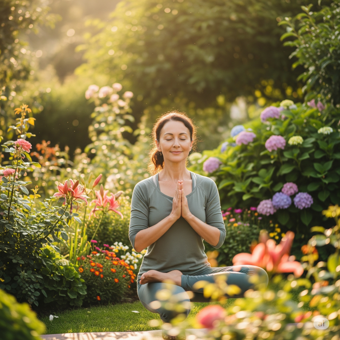 햇살 좋은 정원에서 명상하는 건강한 중년 여성.